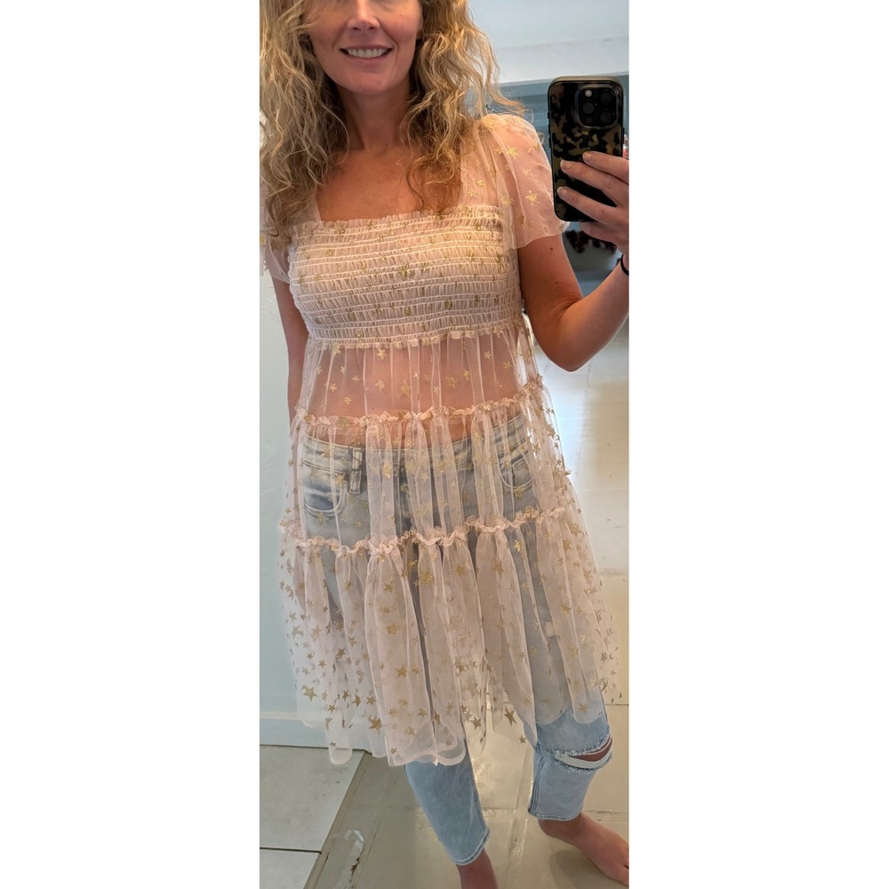 Free People Starbright Gold Glitter Star Sheer Tulle Smocked Top Pink XS
